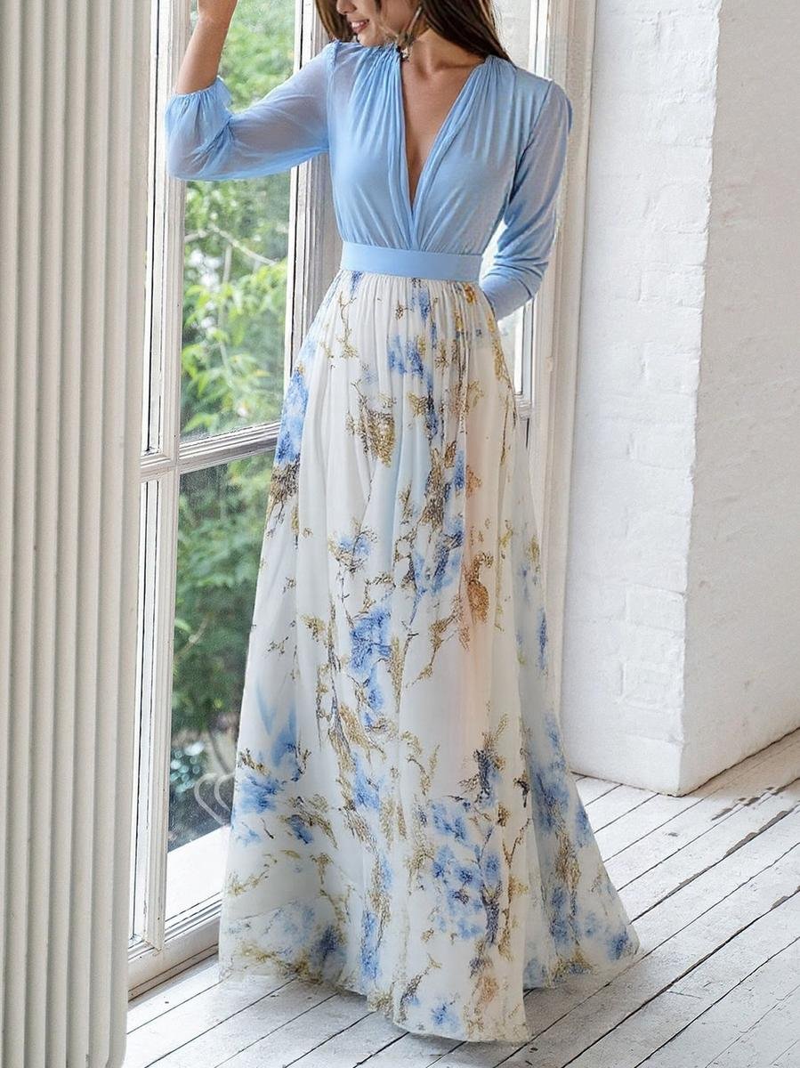 Julia | Floral Chiffon A-Line Long Sleeved Maxi Dress