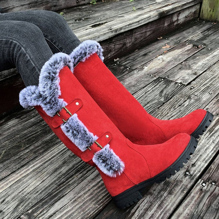 Stella | Warm And Stylish Faux Suede Fur-Trimmed Knee High Boots