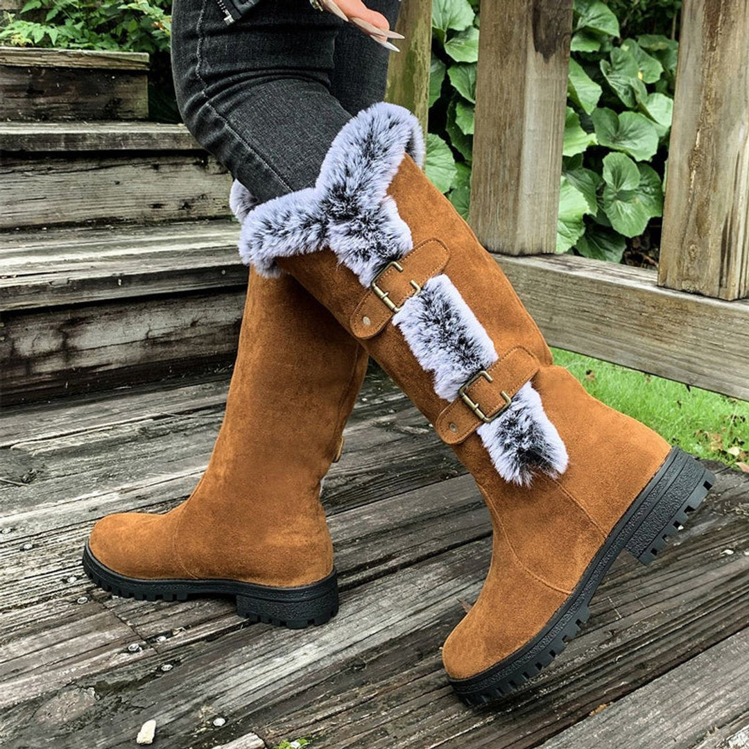 Stella | Warm And Stylish Faux Suede Fur-Trimmed Knee High Boots