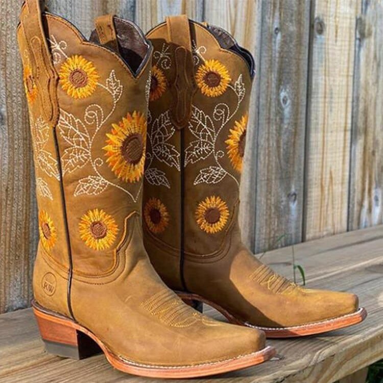 Lydia | Charming And Sunflower-Embroidered Western Cowboy Boots