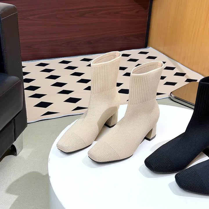Aveline | Stretch Knit Block Heel Ankle Boots