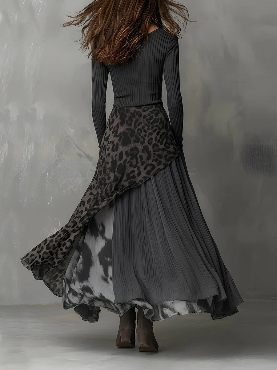 Juliane | Rib-Knit Leopard Print Long-Sleeved Maxi Dress