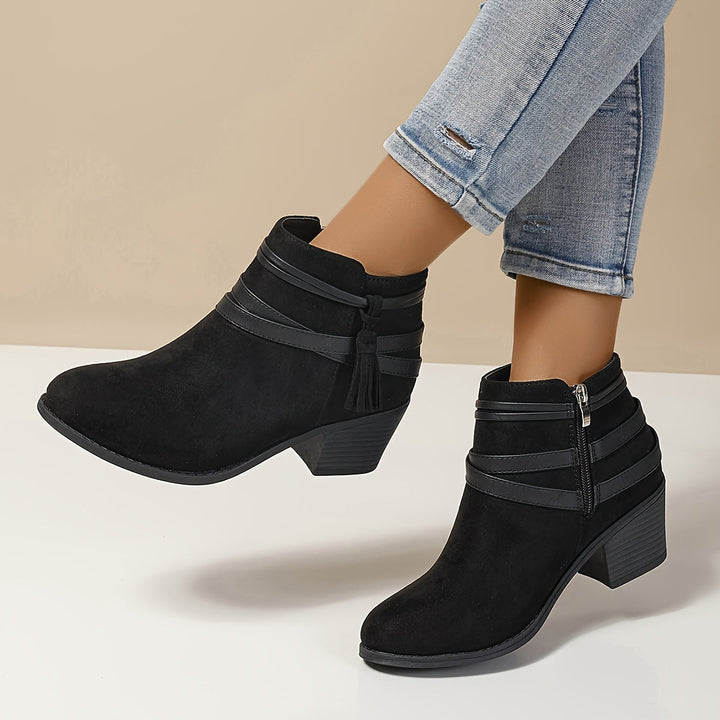 Olivia | Elegant Tassel Block Heel Ankle Boots