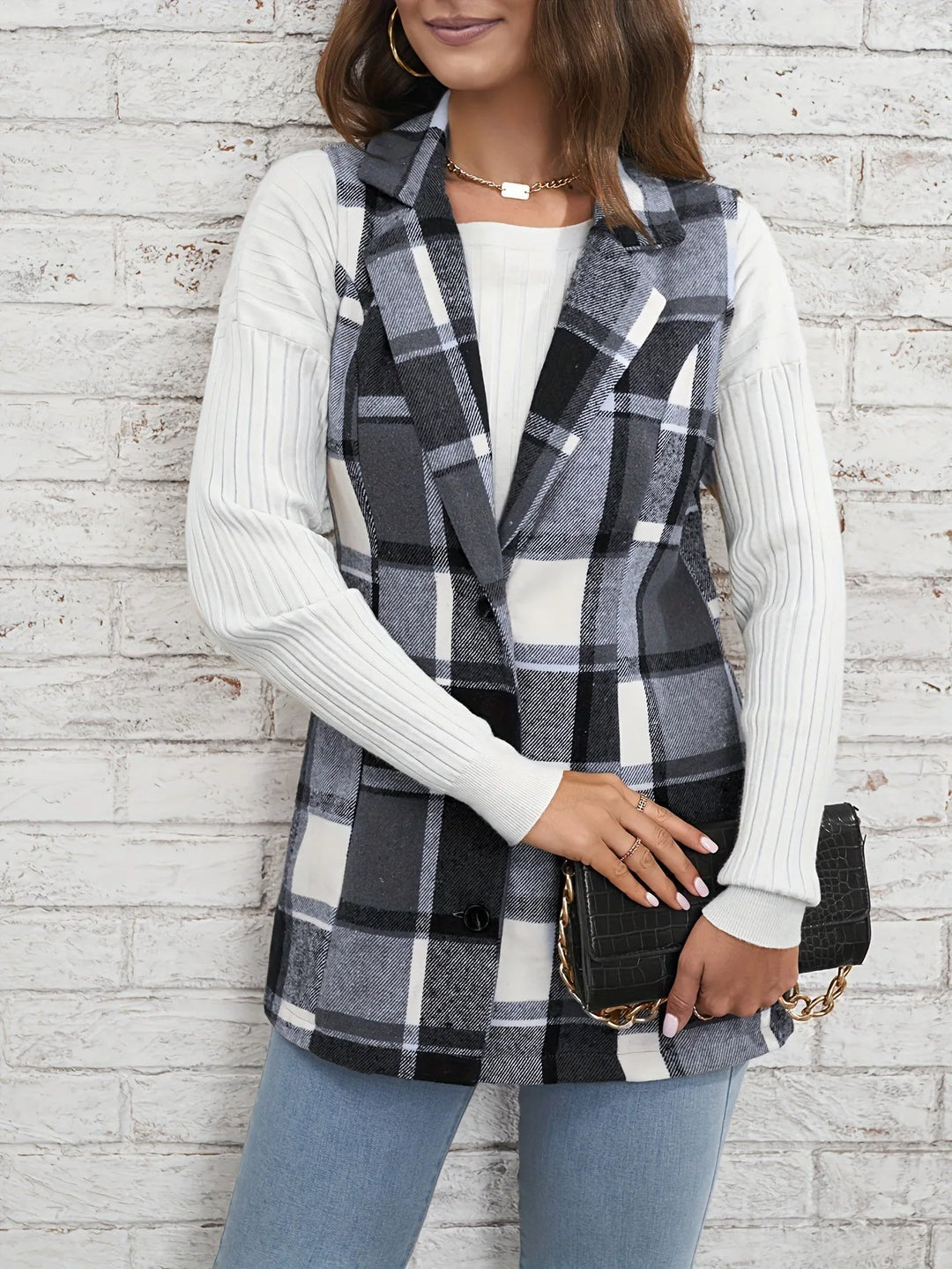 Nora | Gilet lungo elegante in misto lana a quadri