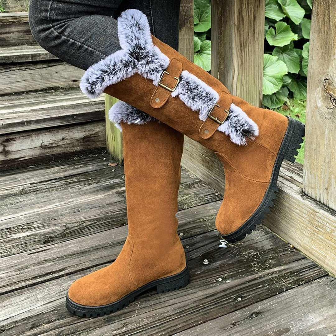 Stella | Warm And Stylish Faux Suede Fur-Trimmed Knee High Boots