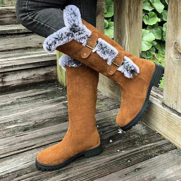 Stella | Warm And Stylish Faux Suede Fur-Trimmed Knee High Boots