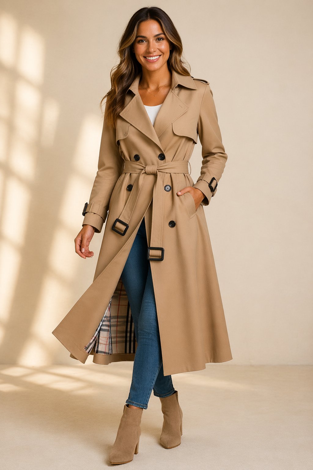 Julia | Trench lungo doppiopetto elegante con cintura