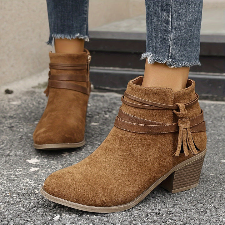 Olivia | Elegant Tassel Block Heel Ankle Boots