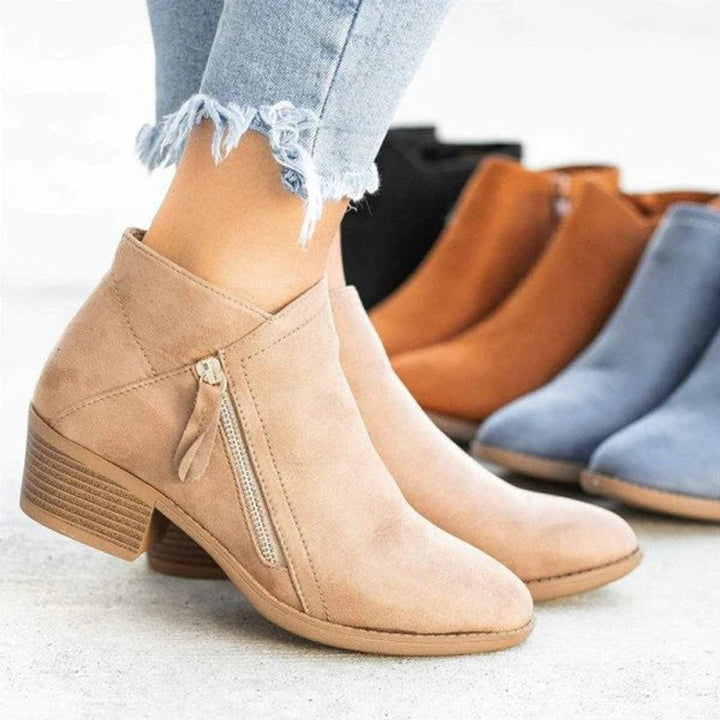 Clara | Elegant Low Heel Side Zip Suede Ankle Boots