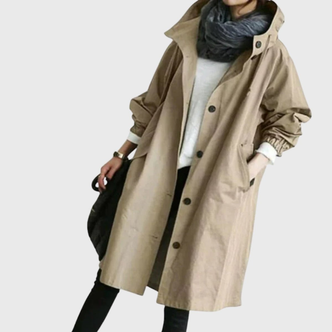 Beatrice | Trench-coat long à capuche, élégant et résistant à l’eau