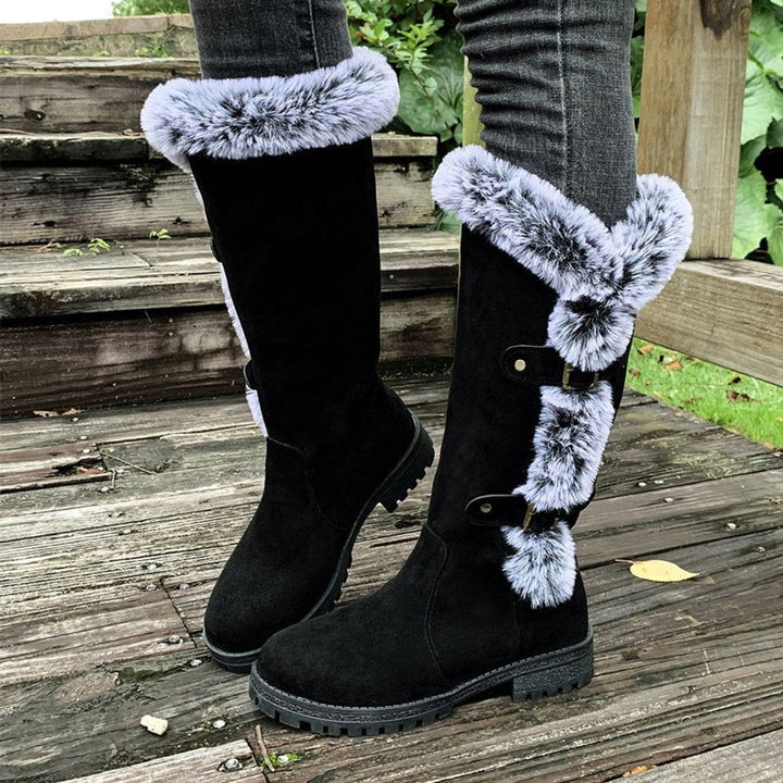 Stella | Warm And Stylish Faux Suede Fur-Trimmed Knee High Boots
