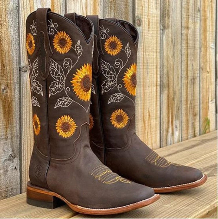 Lydia | Charming And Sunflower-Embroidered Western Cowboy Boots