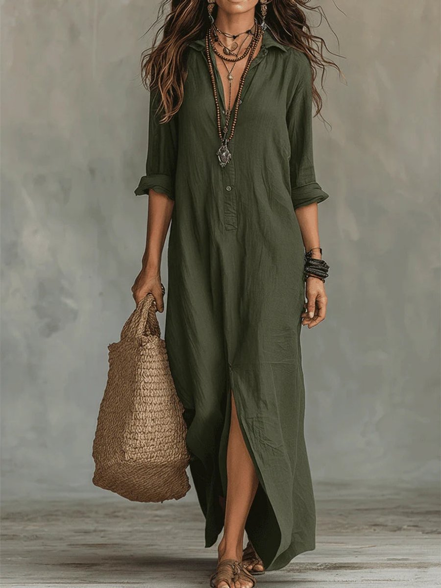 Nova | Flowing Button Front Long Sleeved Maxi Dress