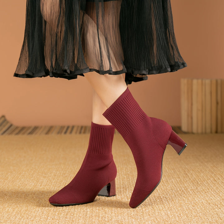 Aveline | Stretch Knit Block Heel Ankle Boots