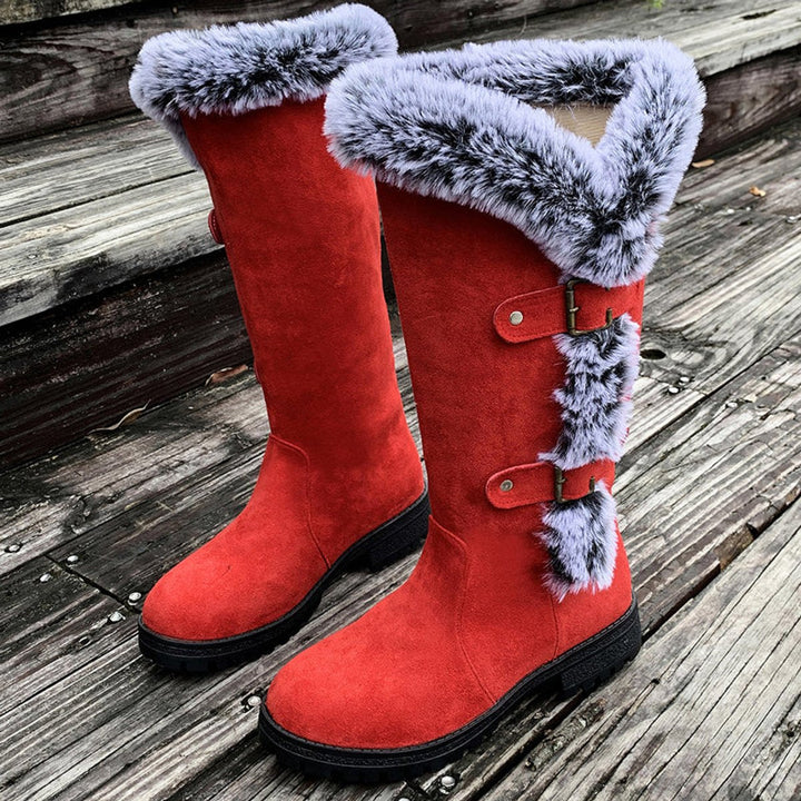 Stella | Warm And Stylish Faux Suede Fur-Trimmed Knee High Boots