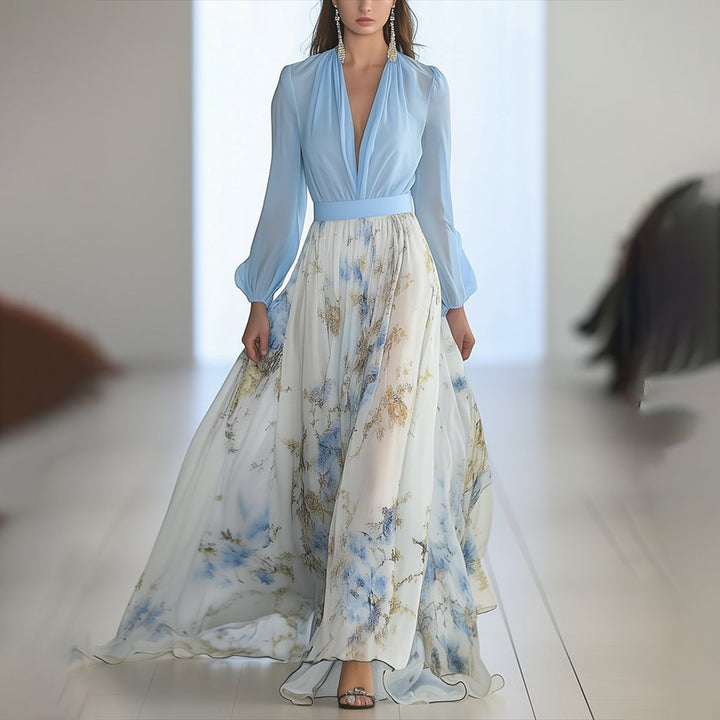 Julia | Floral Chiffon A-Line Long Sleeved Maxi Dress