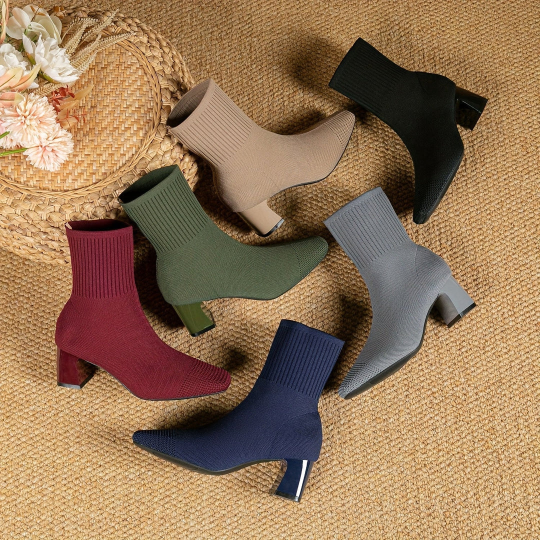 Aveline | Stretch Knit Block Heel Ankle Boots