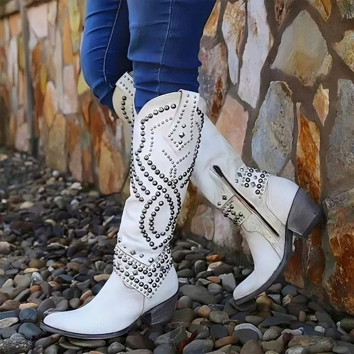 Amelia | Stylish And Edgy Studded Western Knee High Boots