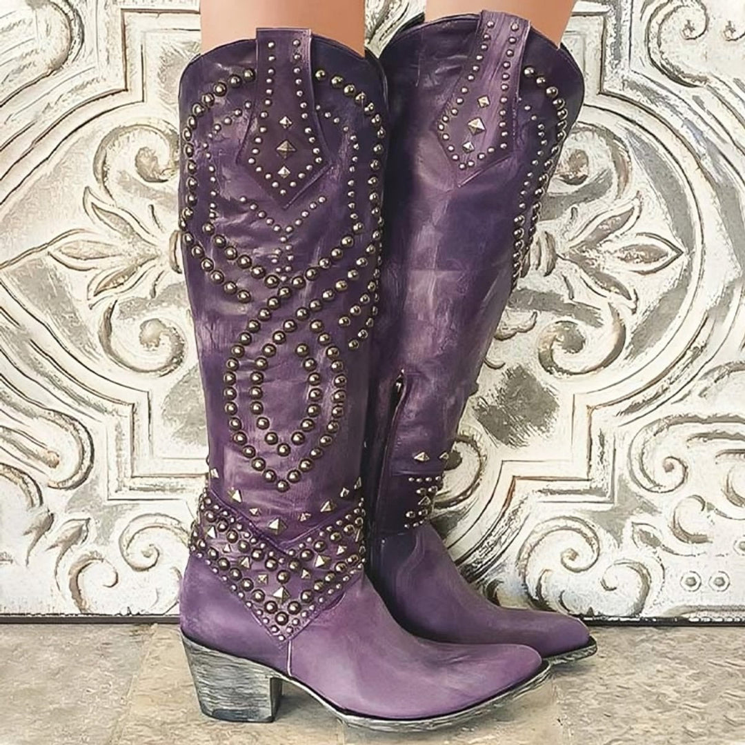Amelia | Stylish And Edgy Studded Western Knee High Boots