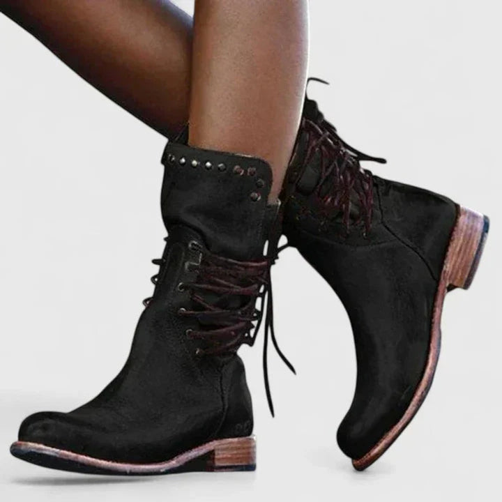Emily | Vintage And Edgy Studded Lace-Up Knee High Boots