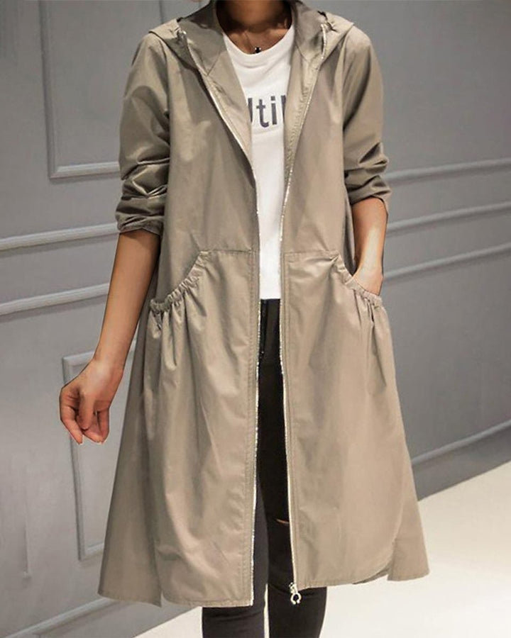 Katrin | Eleganter und wasserabweisender langer Trenchcoat mit Kapuze