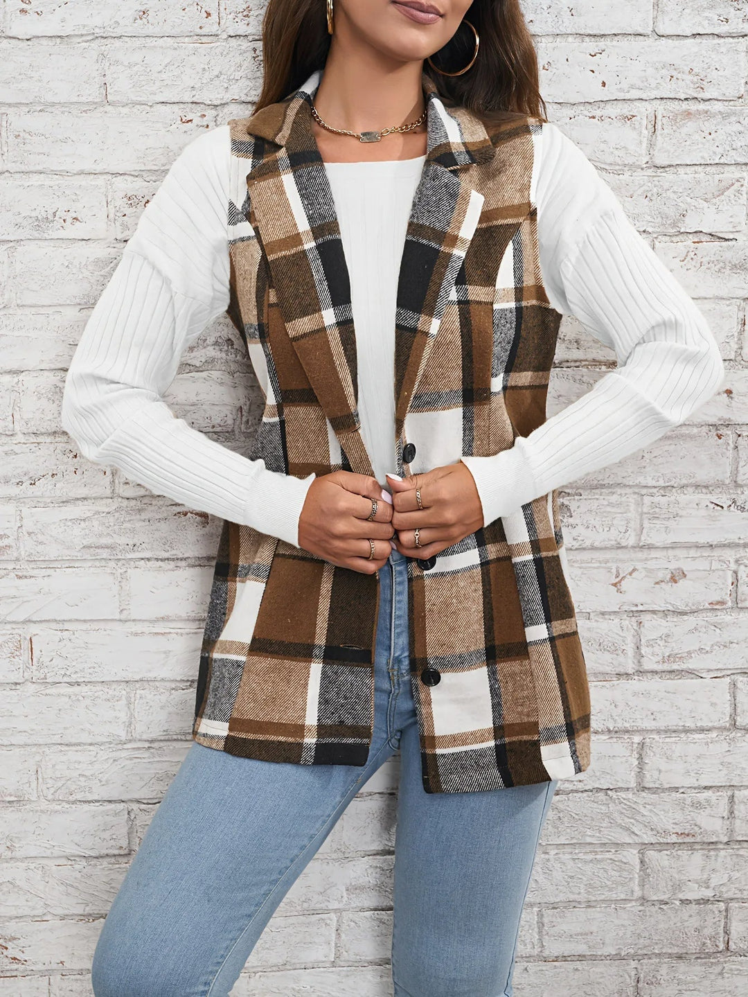 Nora | Gilet lungo elegante in misto lana a quadri