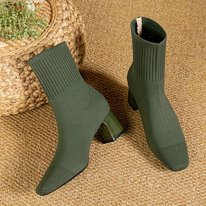 Aveline | Stretch Knit Block Heel Ankle Boots