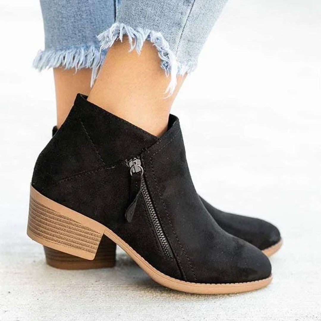 Clara | Elegant Low Heel Side Zip Suede Ankle Boots