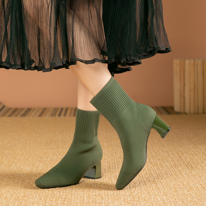 Aveline | Stretch Knit Block Heel Ankle Boots