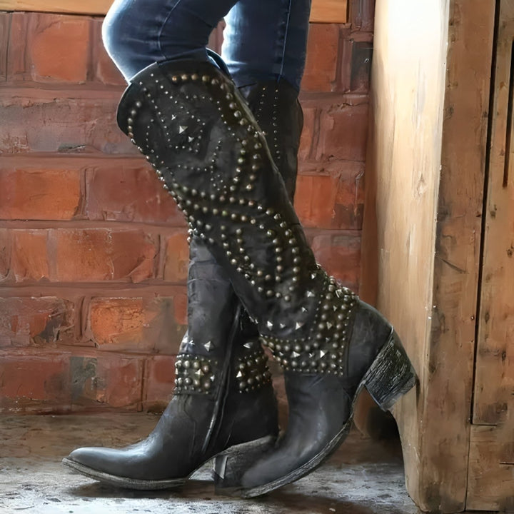 Amelia | Stylish And Edgy Studded Western Knee High Boots