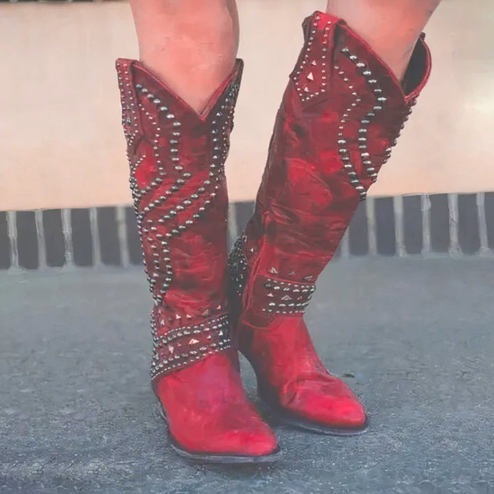 Amelia | Stylish And Edgy Studded Western Knee High Boots