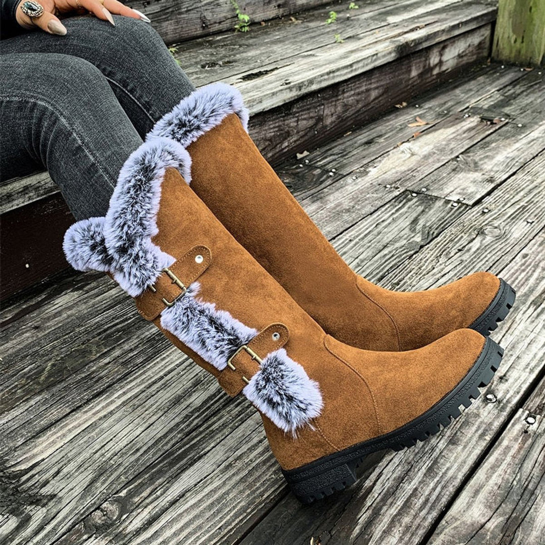 Stella | Warm And Stylish Faux Suede Fur-Trimmed Knee High Boots