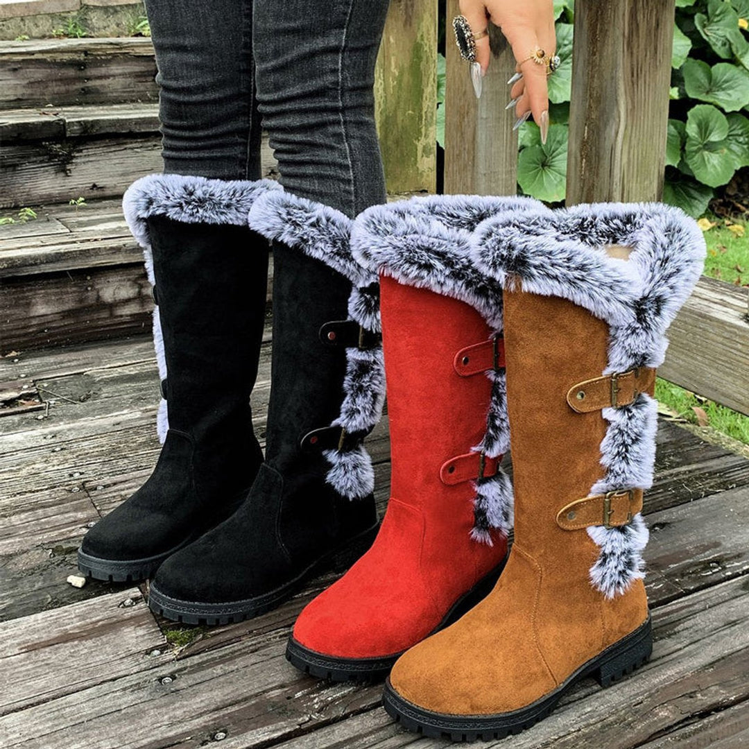 Stella | Warm And Stylish Faux Suede Fur-Trimmed Knee High Boots