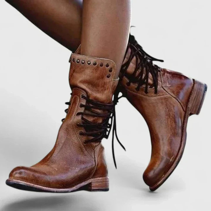 Emily | Vintage And Edgy Studded Lace-Up Knee High Boots