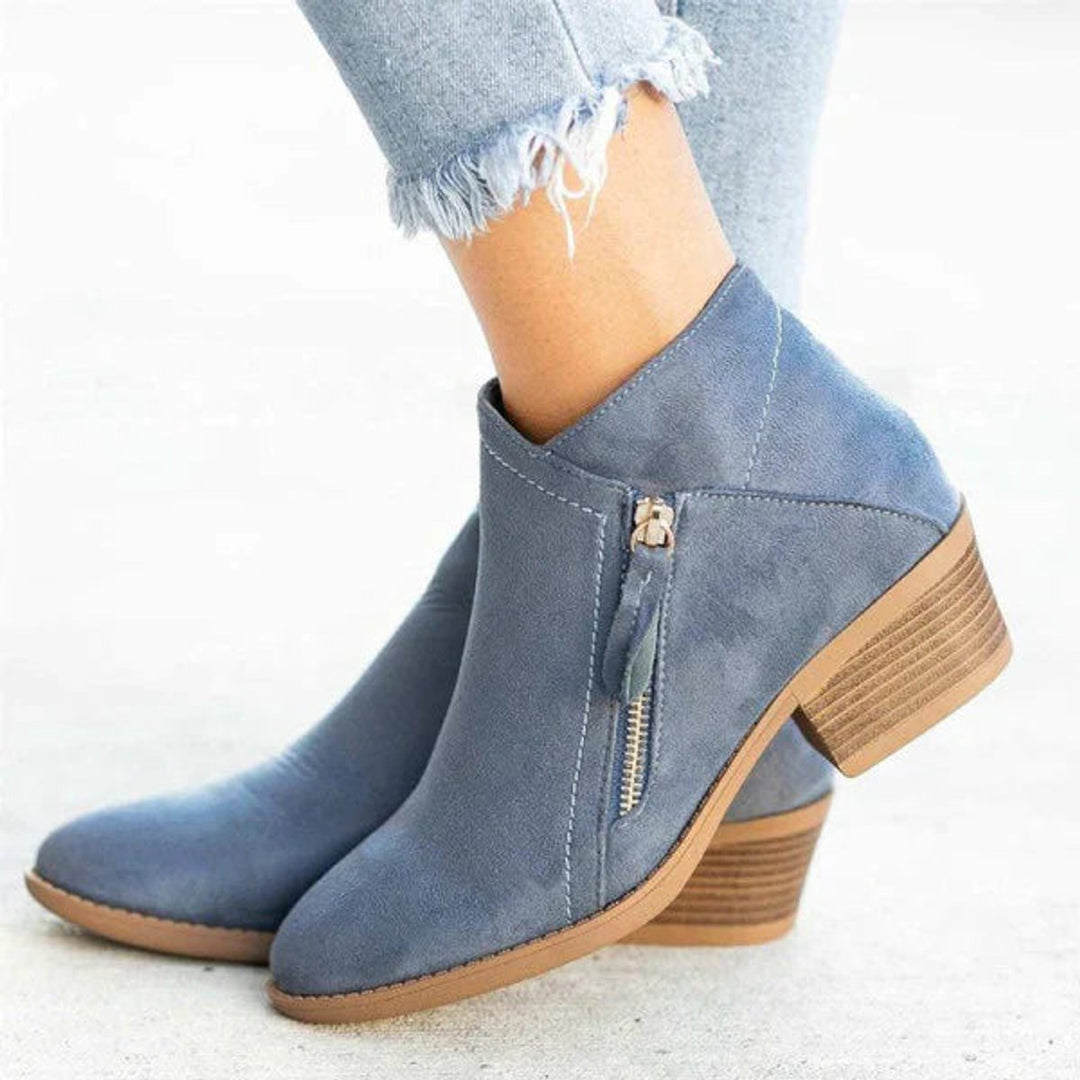Clara | Elegant Low Heel Side Zip Suede Ankle Boots