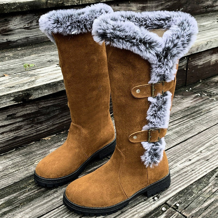 Stella | Warm And Stylish Faux Suede Fur-Trimmed Knee High Boots