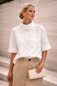 Sophia | Delicate Embroidered Mock Neck Luxury Blouse