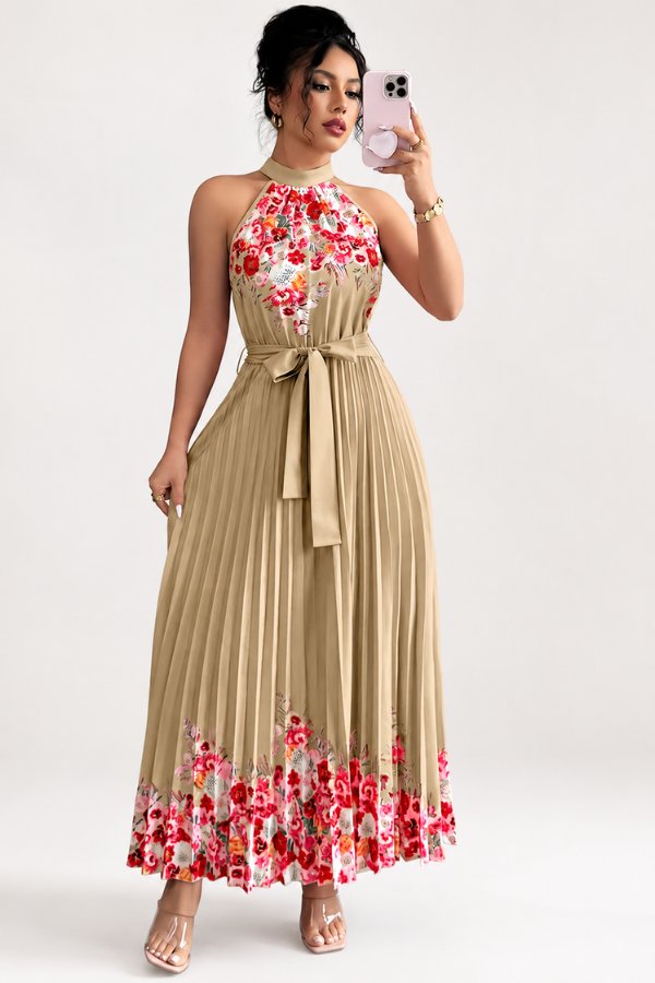 Charlie | Floral Pleated Halter Midi Dress 11