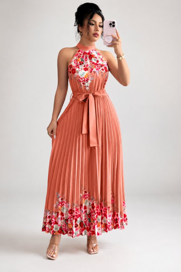 Charlie | Floral Pleated Halter Midi Dress 12
