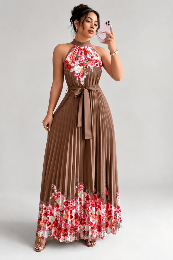 Charlie | Floral Pleated Halter Midi Dress 14