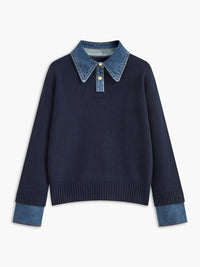 Mila | Sophisticated and Warm Denim Collared Knit Polo Sweater