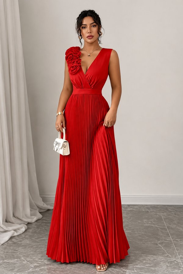 Charlotte | Pleated Sleeveless Floral Applique Evening Dress 3