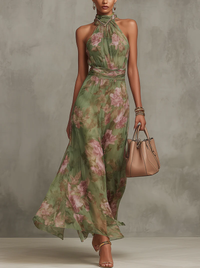 Mila | Lightweight and Elegant Floral Halter Neck Maxi Dress