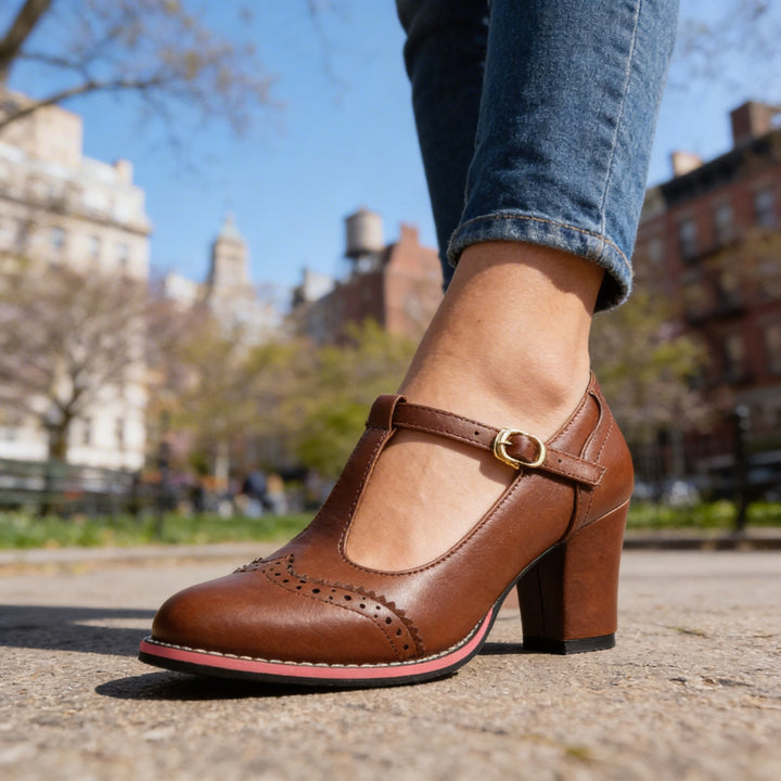 Clara | Vintage T-Strap Brogue Block Heel Mary Jane 6