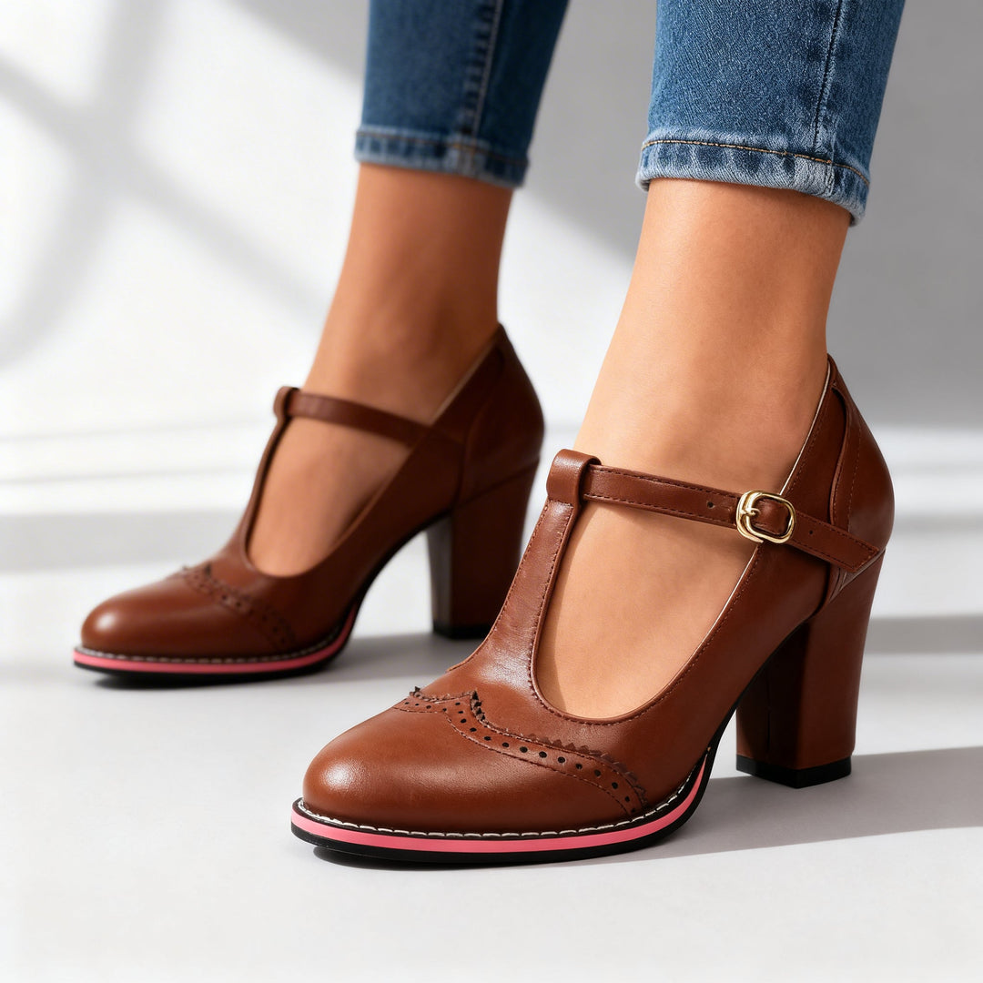 Clara | Vintage T-Strap Brogue Block Heel Mary Jane 7