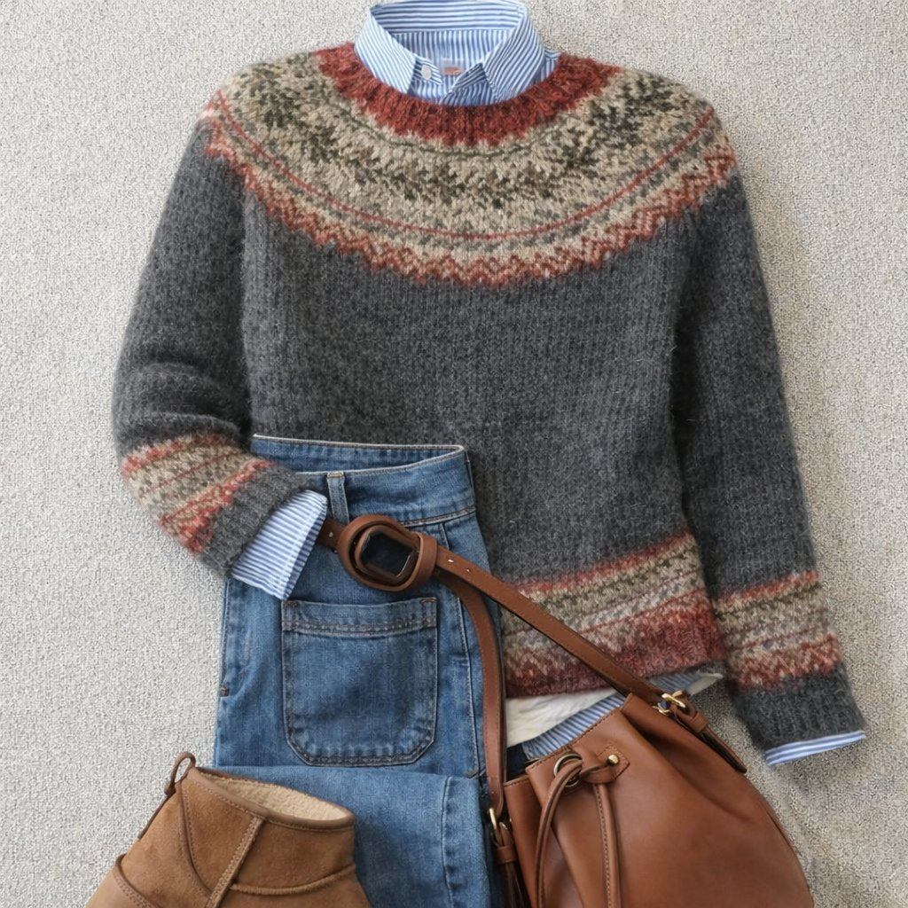 Eleanor | Women's Relaxed-Fit Fair Isle Nordic Knit Crewneck Sweater 0