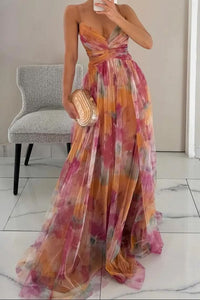 Christina | Romantic Watercolor Floral Tulle Maxi Dress