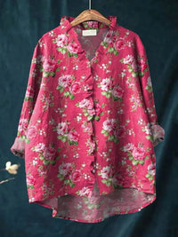 Emily | Romantic Floral Ruffle Trim Linen Blouse