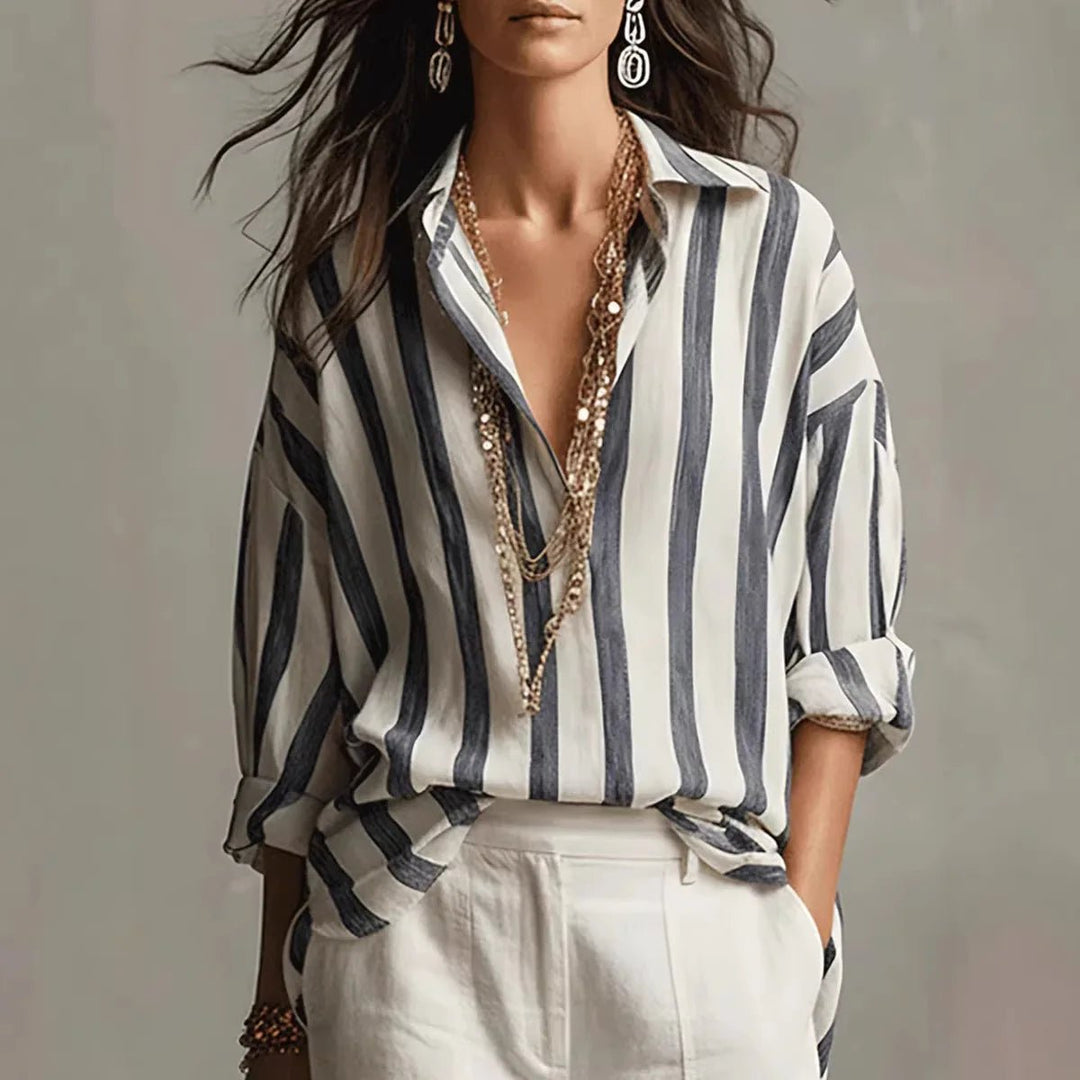 Harper | Women's Relaxed-Fit Vertical Striped Open-Collar Long Sleeve Blouse 0