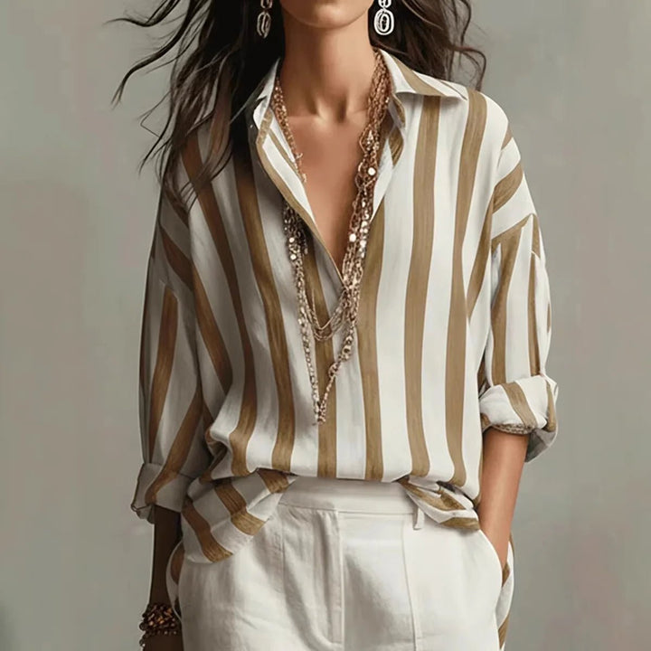 Harper | Women's Relaxed-Fit Vertical Striped Open-Collar Long Sleeve Blouse 1